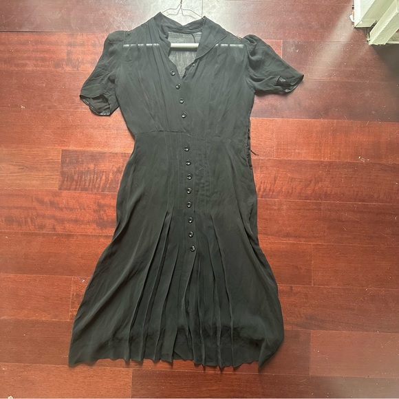 Vintage Dresses & Skirts - Vintage 1930s/1940s Black Sheer Button-Up Pleated Midi Dress
